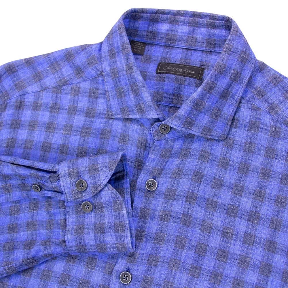 Saks Fifth Avenue Mens M Blue Gingham Check 95% Linen Shirt Long‎ Sleeve